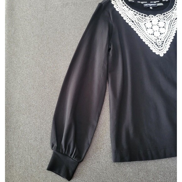 Karl Lagerfeld XS Black White Crochet Neckline Long-sleeved Shirt Blouse 826 - Picture 4 of 9